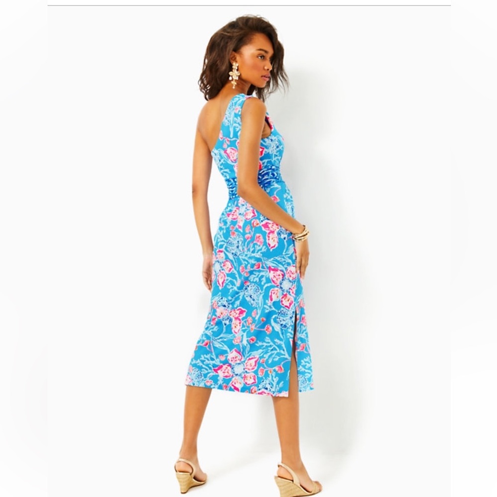 Lilly Pulitzer Helina One Shoulder Midi Blue Dress in Bahamian Rhapsody Swim, M. - Picture 2 of 14